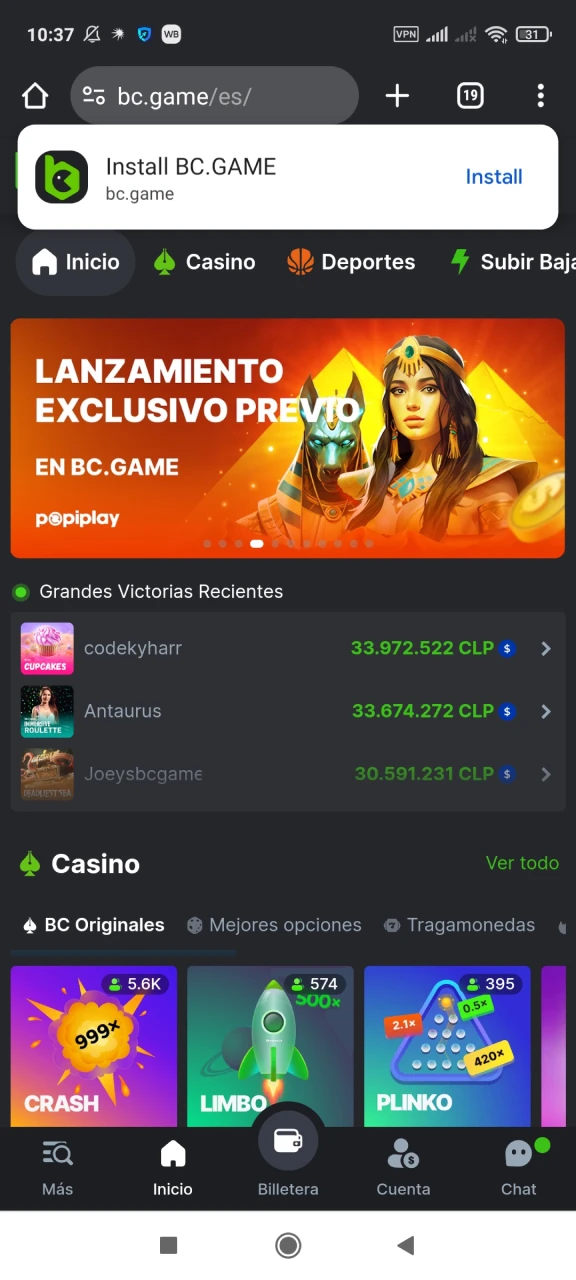 Instale la aplicación BC Game para Android.