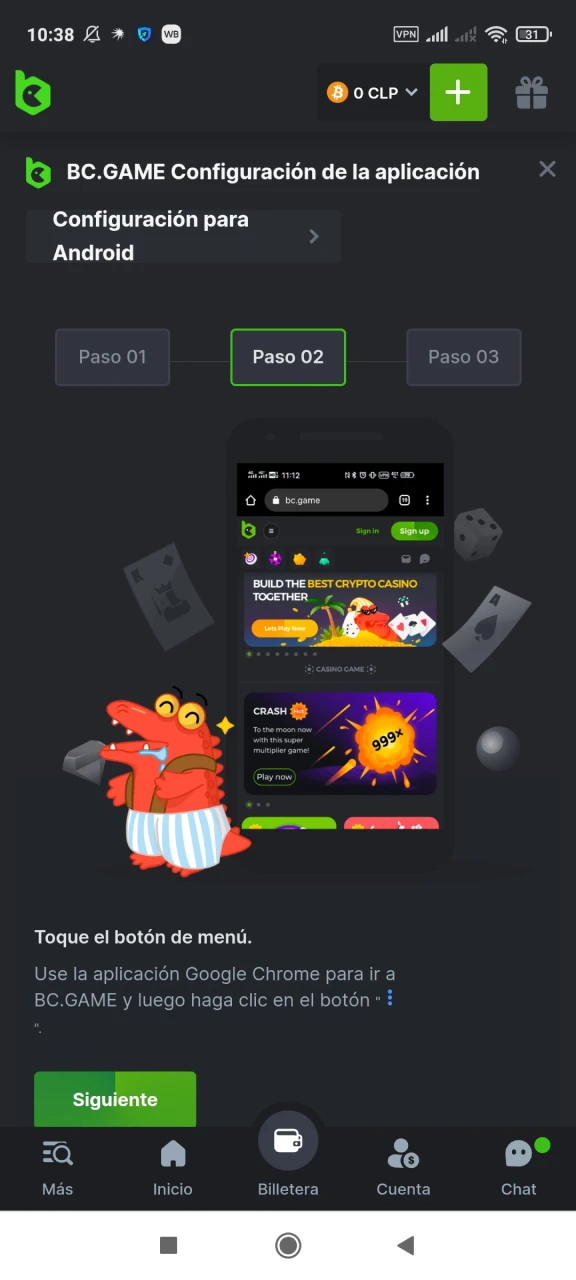 Abra el menú del navegador para instalar la aplicación BC Game en Android.