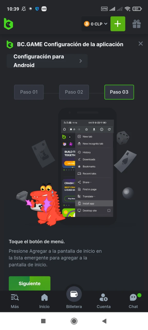 Agregue un acceso directo a BC Game a la pantalla de inicio de su dispositivo Android.