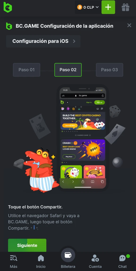 Busque el botón compartir para instalar la aplicación BC Game en iOS.