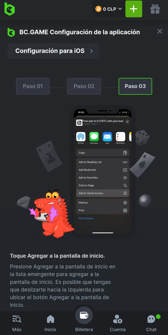 Agregue un acceso directo a BC Game a la pantalla de inicio de su dispositivo iOS.
