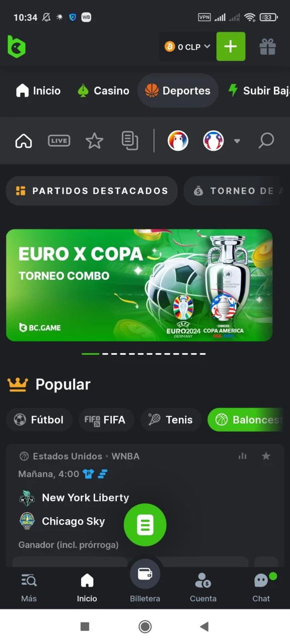 Visita la página de deportes en la aplicación BC Game.