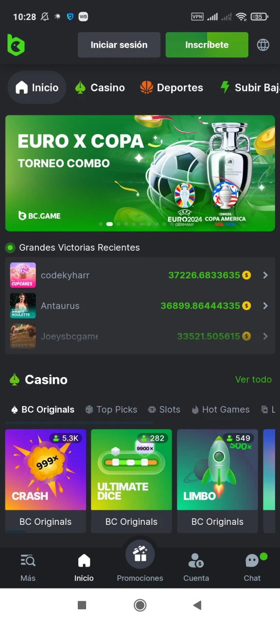 Visita la página de inicio de la aplicación BC Game.