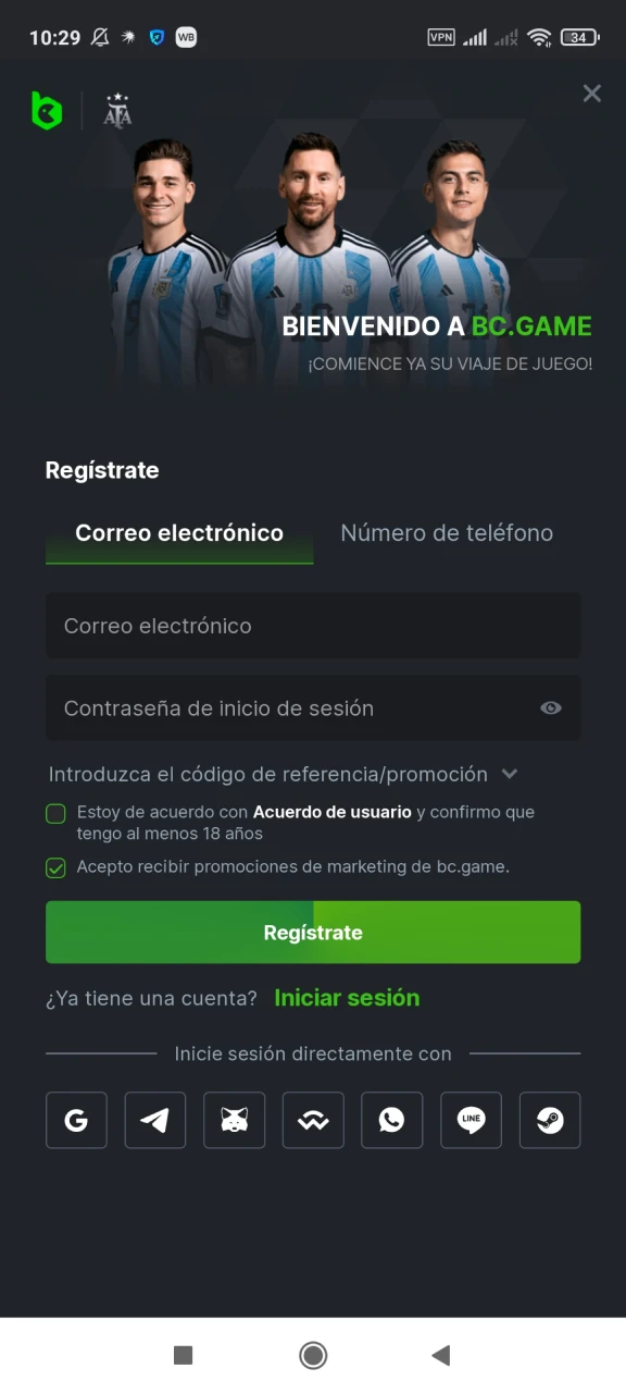 Visite la página de registro de la aplicación BC Game.
