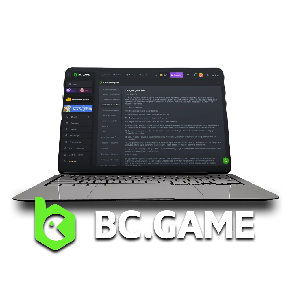 Estudie los términos del sitio web de BC Game.